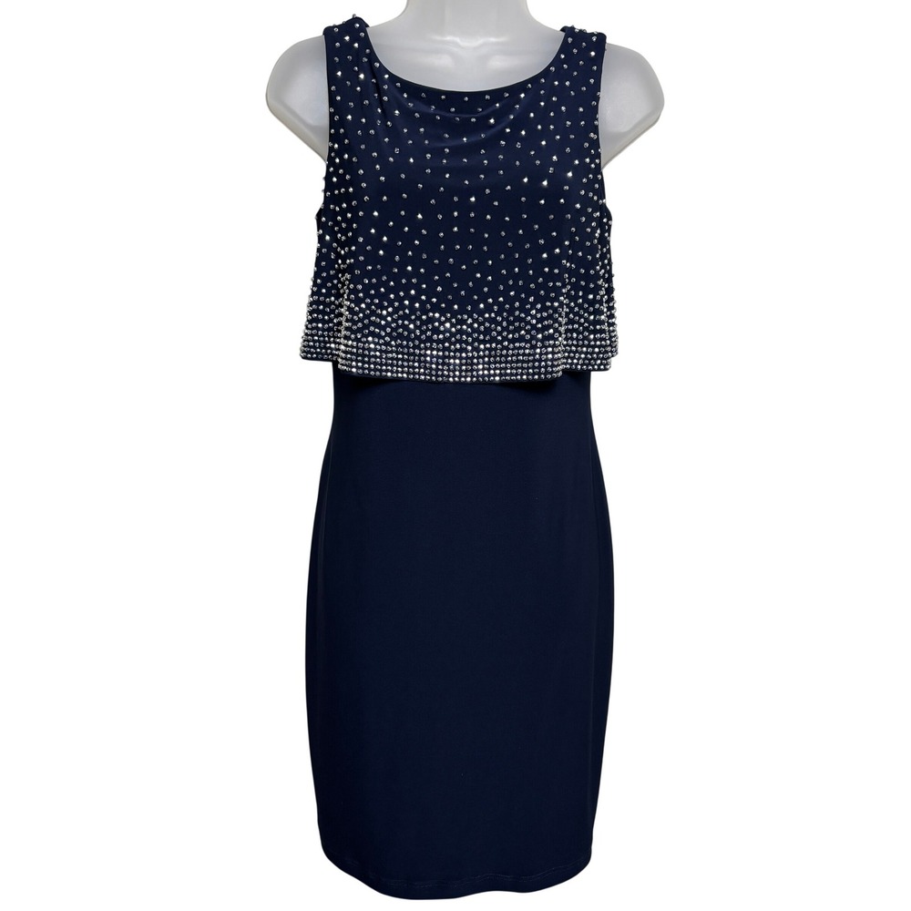Joseph Ribkoff Blue Zip Back Beaded Overlay Sleeveless Sheath Dress Womens‎ 6 US
